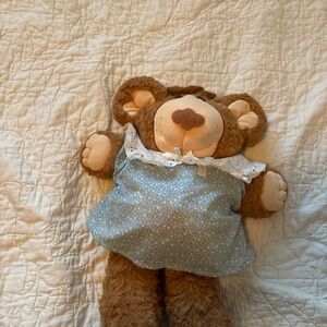 Vintage Furskins Brown Stuffed Bear in Blue Dress as is in photo